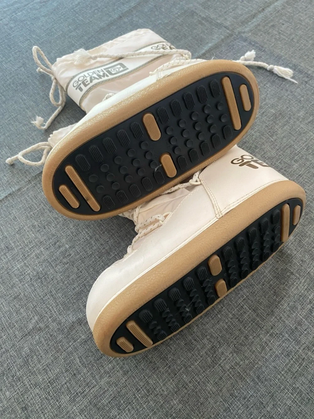 Golden Team White Snow Moon Boots with Tan Sole